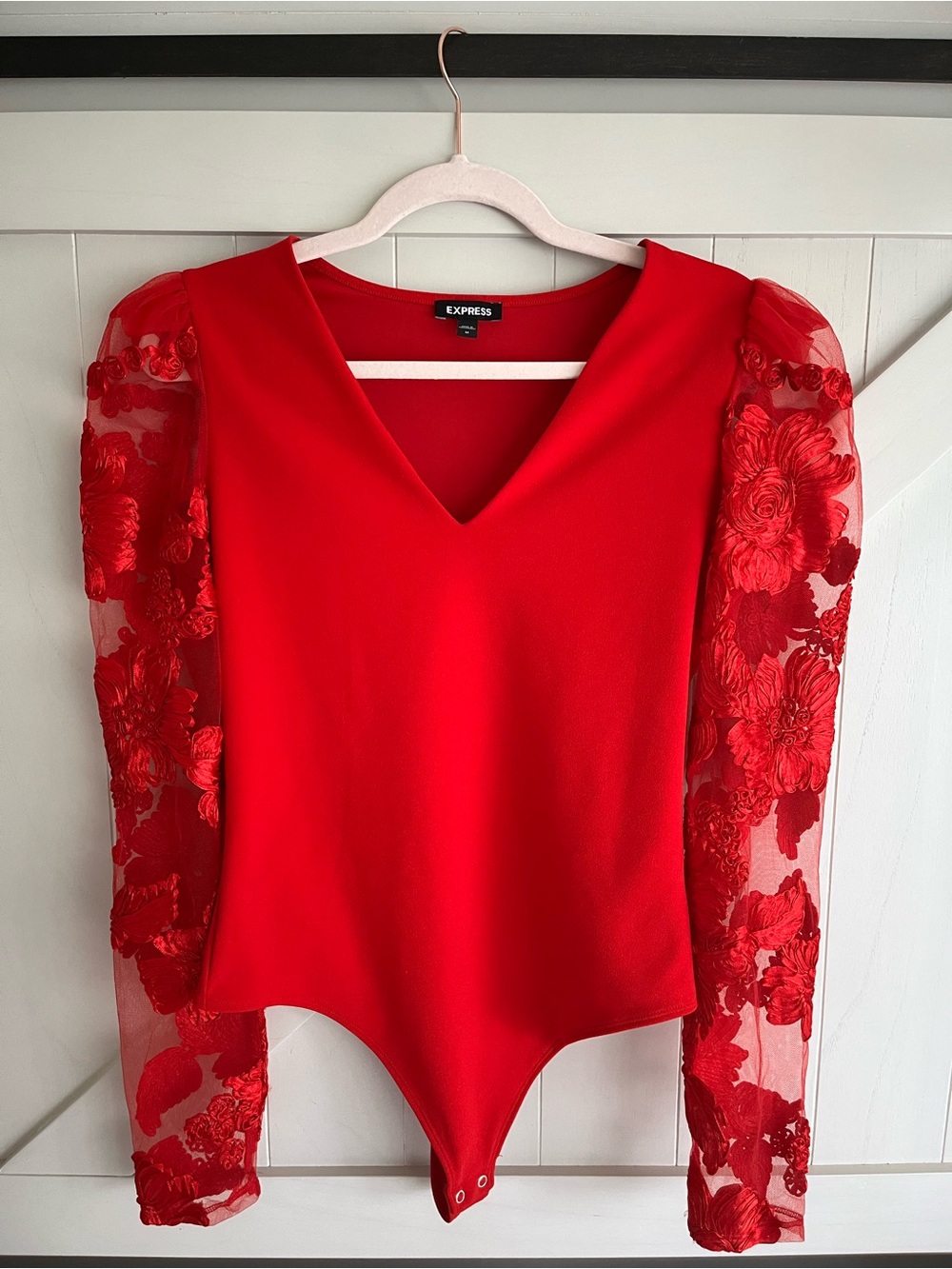 Express Red V-Neck Bodysuit with Floral Mesh Sleeves